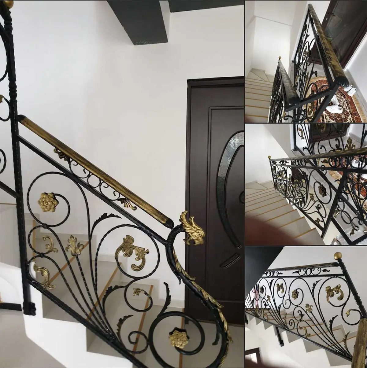 Balustradă de scară interioară cu volute din fier forjat și mână curentă